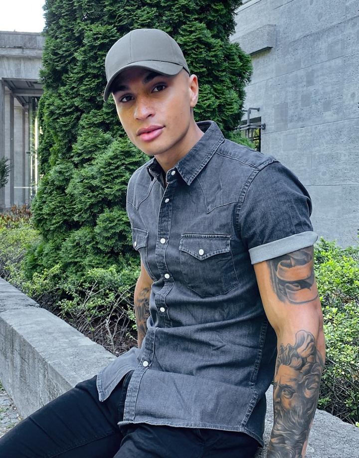 Asos Design Skinny Fit Western Organic Denim Shirt In Washed Black-grey