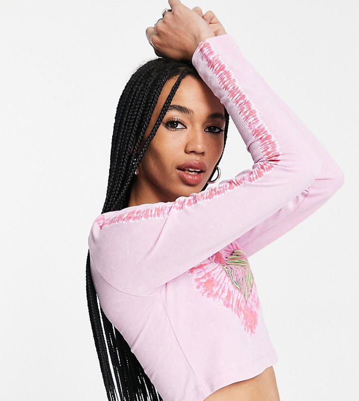 Reclaimed Vintage Inspired Long Sleeve Crop Tee With Tie Dye Heart-pink
