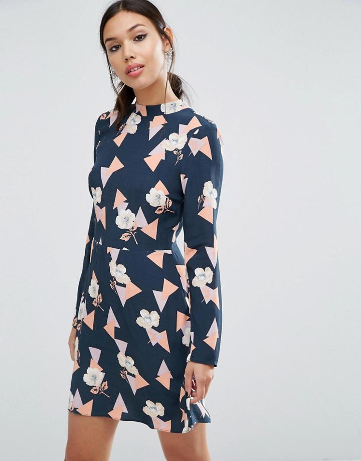 Asos High Neck Skater Dress With Open Back In Geo Floral Print - Multi