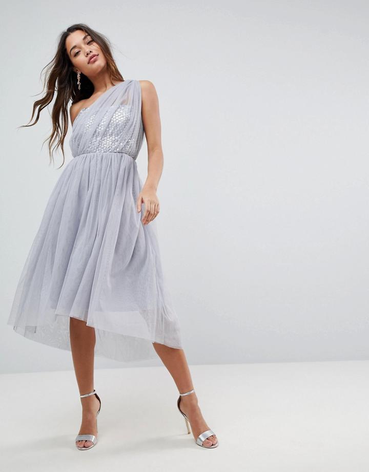 Asos Premium Crystal Bodice Tulle One Shoulder Midi Prom Dress-grey