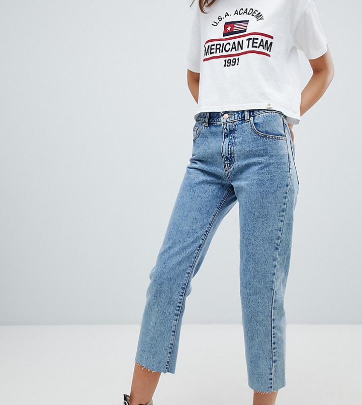 Pull & Bear Straight Leg Jean Cropped With Frayed Hem-blues