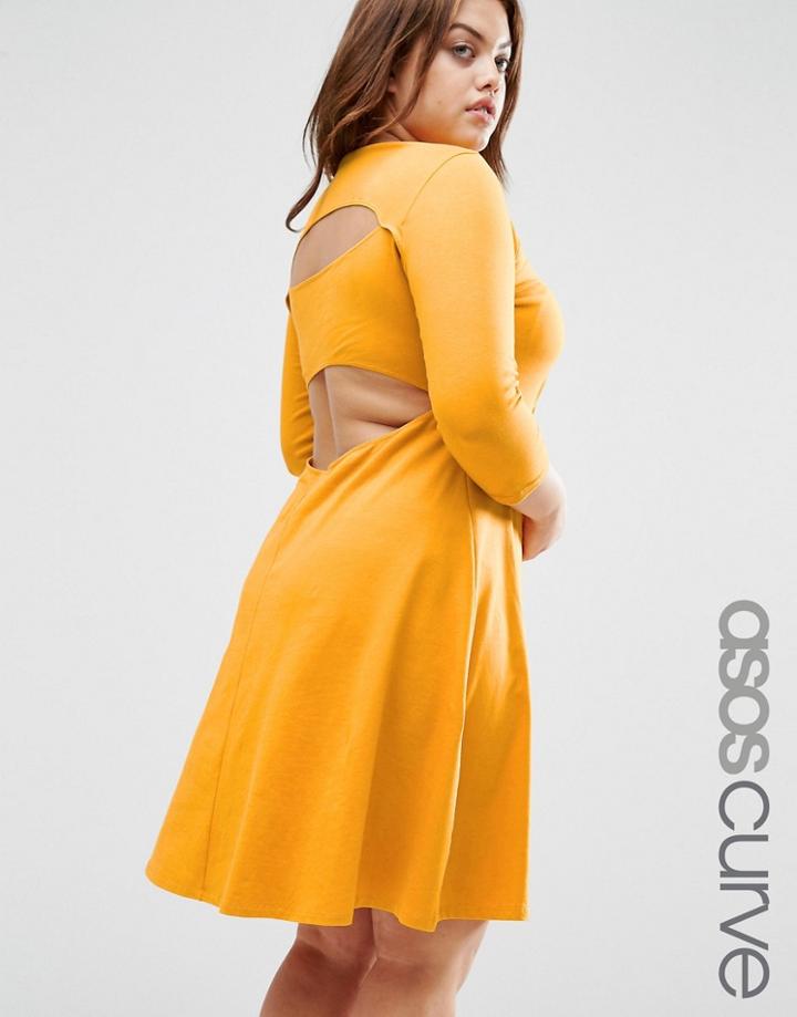 Asos Curve Mini Skater Dress With Cut Out Back - Yellow