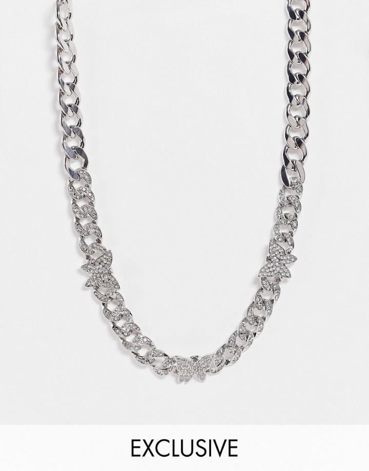 Reclaimed Vintage Inspired Unisex Chunky Chain Necklace With Butterfly And Crystals In Silver