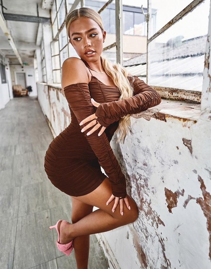 Missyempire X Tennessee Thresher Bardot Ruched Mesh Mini Dress In Chocolate-brown
