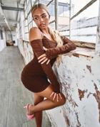 Missyempire X Tennessee Thresher Bardot Ruched Mesh Mini Dress In Chocolate-brown