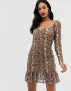 Asos Design Ruched Snake Print Lace Mini Dress With Pep Hem-multi