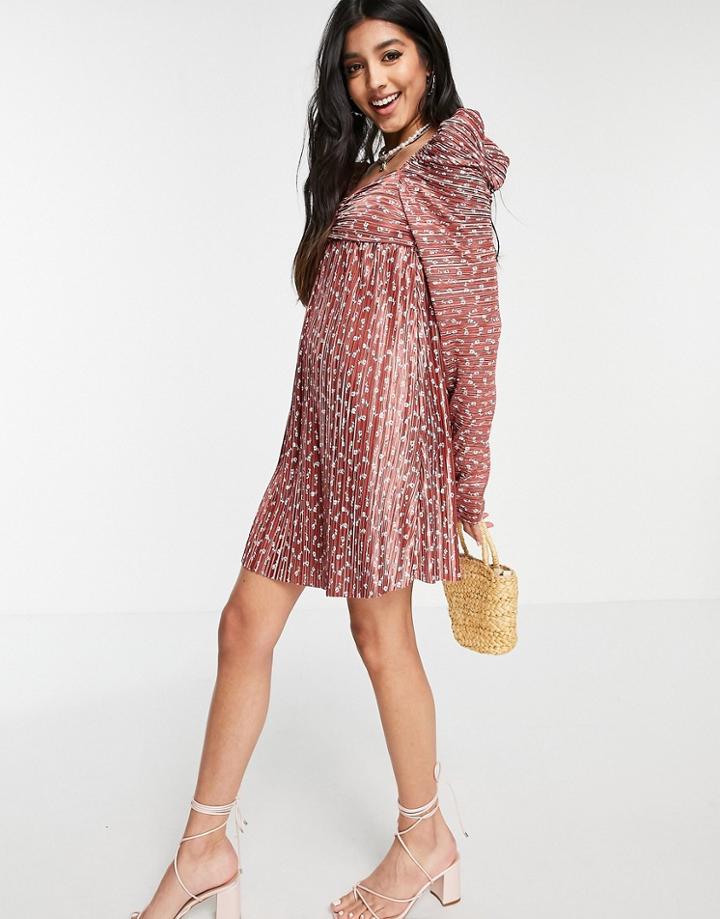 Asos Design Plisse Ruched Mini Dress With Ruched Long Sleeve In Rust Floral-red