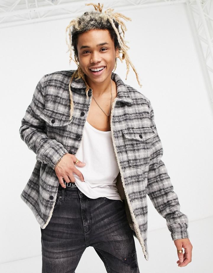 Allsaints Anvik Plaid Jacket With Sherpa Lining In Blue