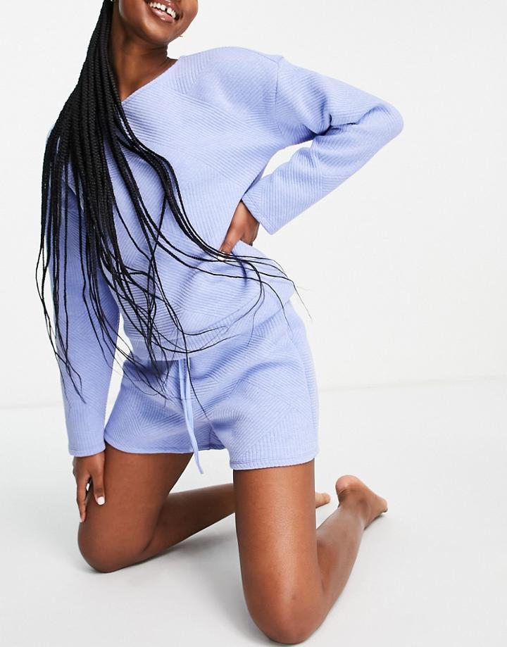 Vero Moda Premium Ribbed Lounge Short Set In Blue - Part Of A Set-blues