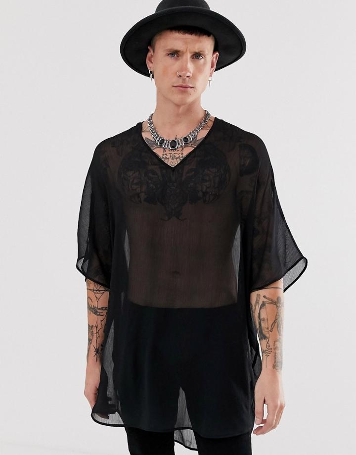 Asos Design Oversized Sheer Overhead Kimono Style Shirt In Black