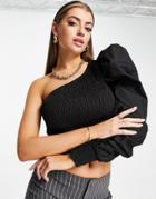 Na-kd One Shoulder Puffy Sleeve Smock Top In Black