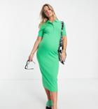 Asos Design Maternity Midi Short Sleeve Ribbed Polo Dress In Bright Green