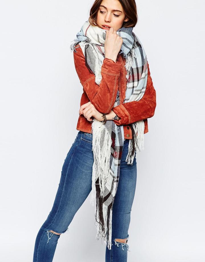 Asos Oversized Lightweight Check And Fringe Scarf - White
