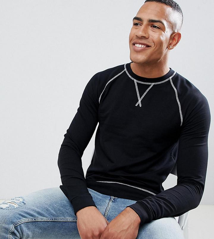Asos Design Tall Muscle Fit Sweatshirt In Black With Contrast Stitching - Black