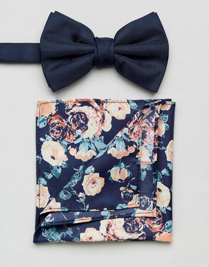 New Look Navy Bow Tie And Pocket Square In Floral Print - Multi