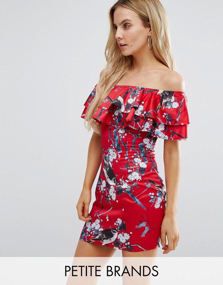 Missguided Petite Floral Ruffle Detail Bardot Dress - Red