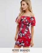 Missguided Petite Floral Ruffle Detail Bardot Dress - Red