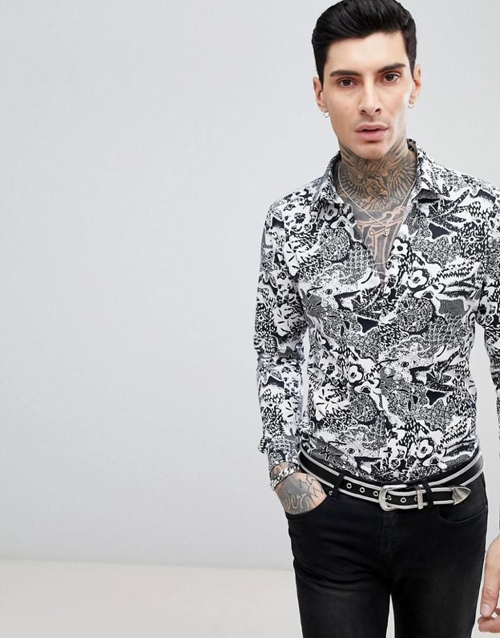Devil's Advocate Long Sleeve Slim Fit Abstract Print Shirt - Black