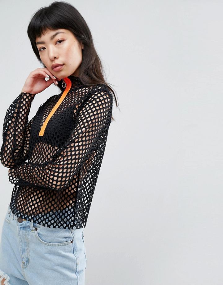Asos Top In Mesh With Laid On Neon Zip - Black