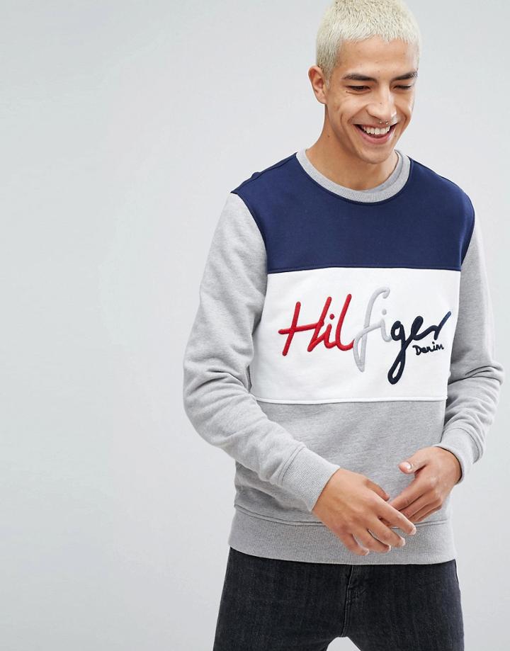 Tommy Hilfiger Denim Crew Sweatshirt Colorblock Logo In Gray Marl