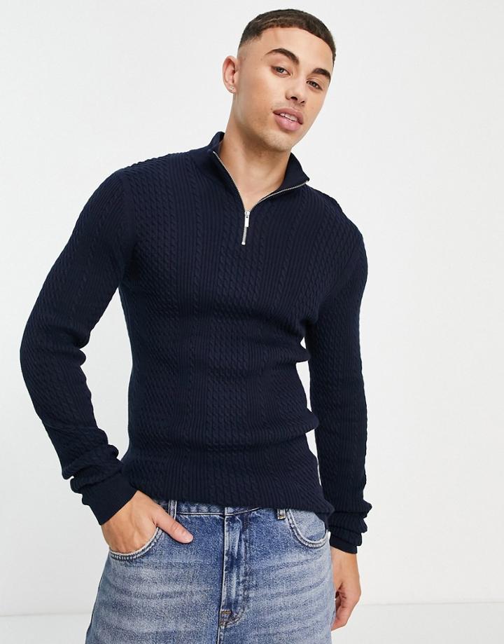 Asos Design Lightweight Cable Knit Half Zip Sweater In Navy