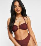 Free Society Exclusive Mix And Match Crinkle Ring Bandeau Bikini Top In Brown