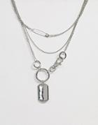 Asos Design Multirow Necklace With Hardware Clip And Dog Tag Pendants In Silver Tone - Silver