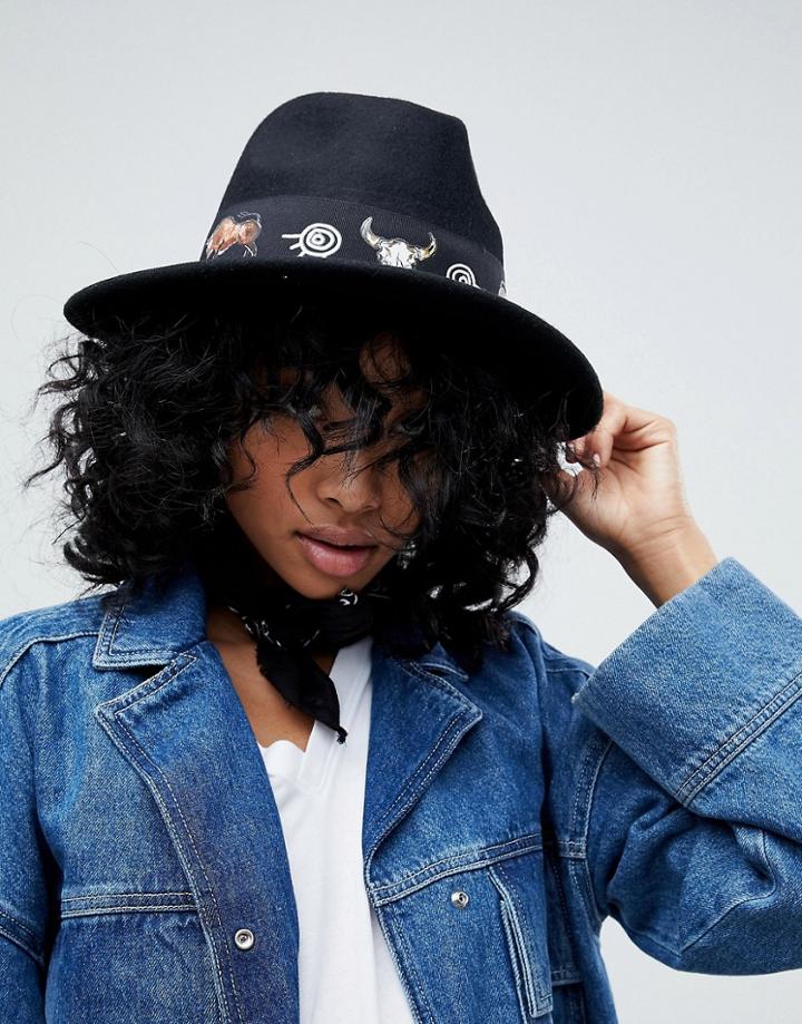 Asos Felt Panama Hat With Print Band With Size Adjuster - Black