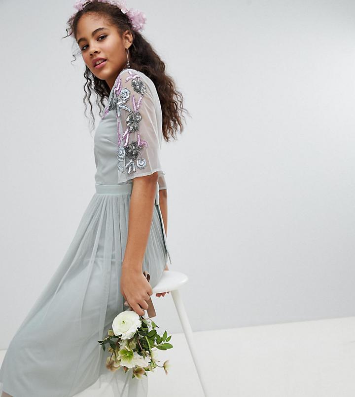 Maya Tall Embellished Tulle Sleeve Midi Tulle Dress - Green