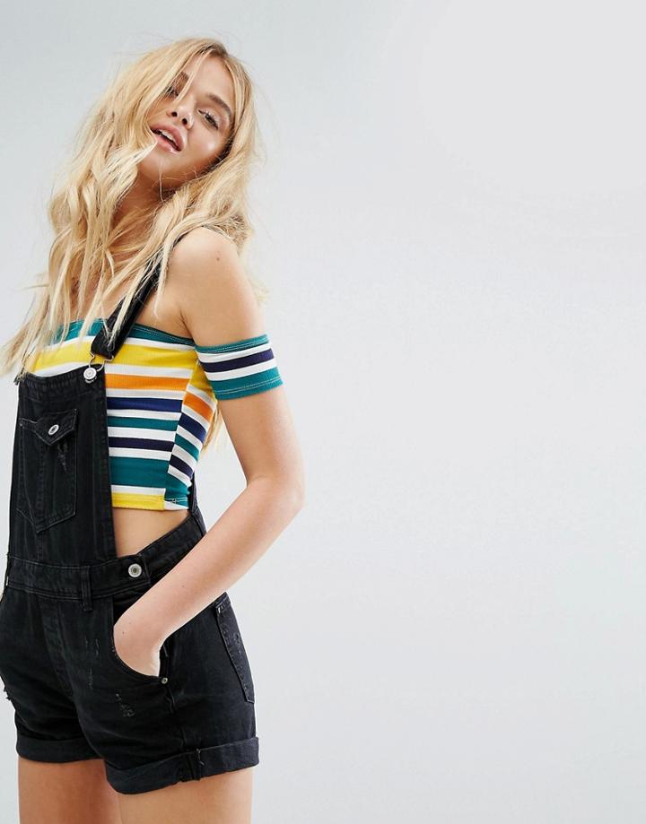 Bershka Washed Short Overalls - Black