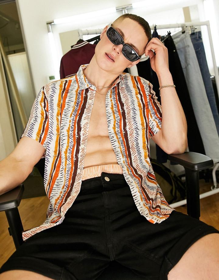 Asos Design Regular Standard Collar Shirt In Geo-tribal Pattern Stripe-orange