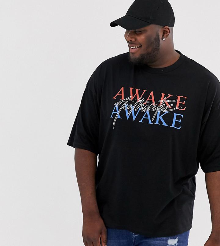 Asos Design Plus Oversized T-shirt With Text Print And Embroidery - Black