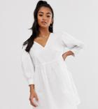 Asos Design Petite V Front V Back Smock Mini Dress In Cotton - White