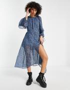 Topshop Recycled Blend Ruched Neck Tiered Animal Print Dress In Blue-multi