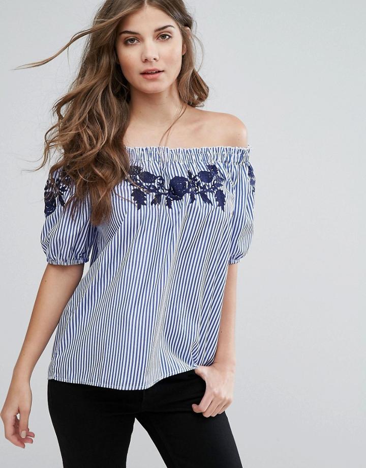 Parisian Stripe Off Shoulder Top With Embroidery - Blue