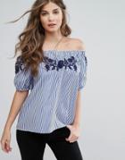 Parisian Stripe Off Shoulder Top With Embroidery - Blue