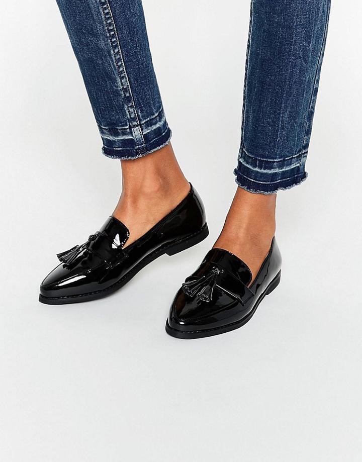 Daisy Street Black Patent Tassel Flat Loafer Shoes - Black Patent