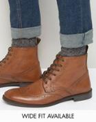 Asos Wide Fit Brogue Boots In Tan Leather - Tan