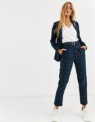 Heartbreak Belted Tailored Pants In Navy And Green Check