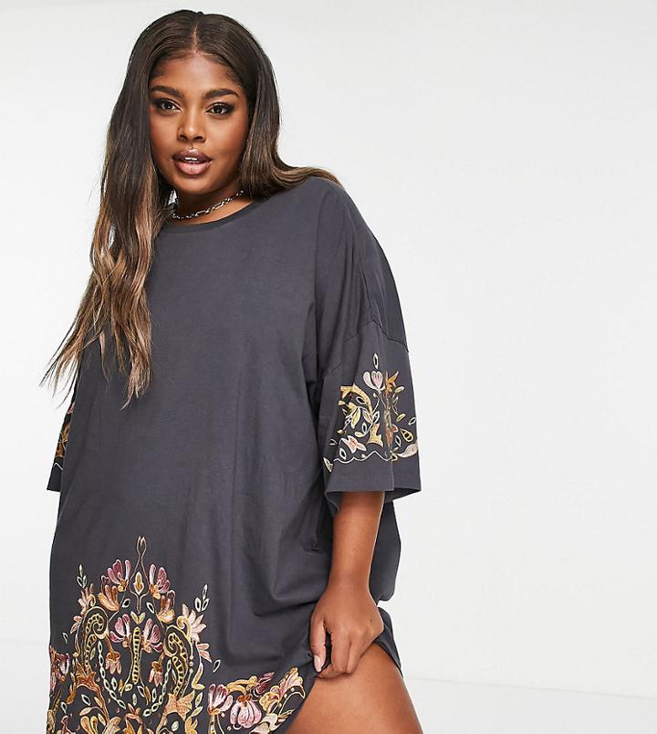 Asos Design Curve Oversized T-shirt Dress In Charcoal Gray With Gold Floral Cutwork Embroidery-grey