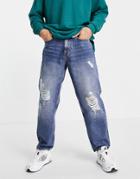 New Look Loose Fit Jeans With Rips In Blue Wash-blues