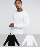 Asos 2 Pack Long Sleeve T-shirt In Black/white With Crew Neck Save - Black