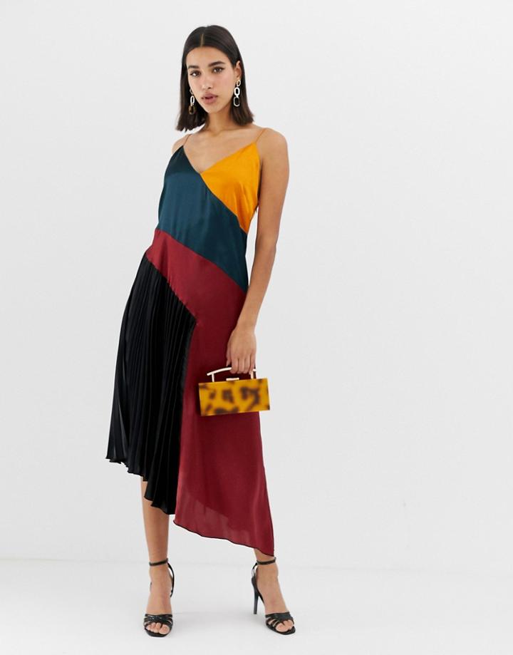 Asos Design Pleated Midi Dress In Color Block Satin - Multi