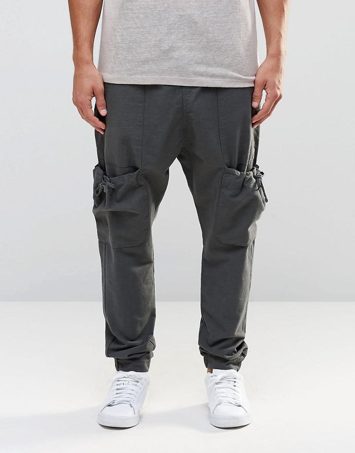 Asos Drop Crotch Linen Joggers With Cargo Pockets In Gray - Smoked Pearl