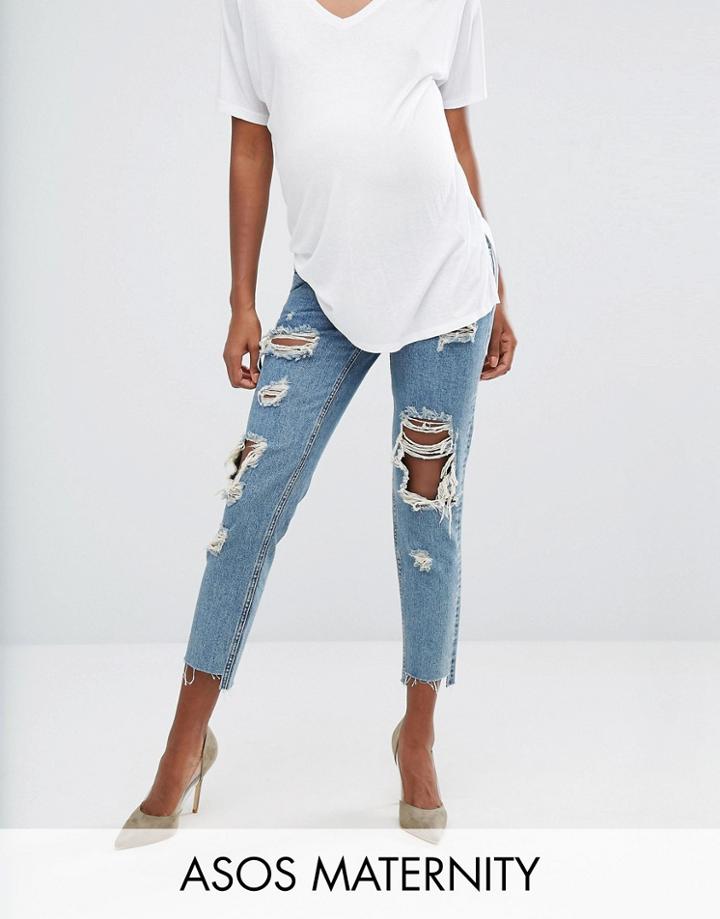 Asos Maternity Original Mom Jeans In Jana Mid Stonewash With Busts And Stepped Hem With Under The Bump Waistband - Blue
