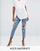 Asos Maternity Original Mom Jeans In Jana Mid Stonewash With Busts And Stepped Hem With Under The Bump Waistband - Blue