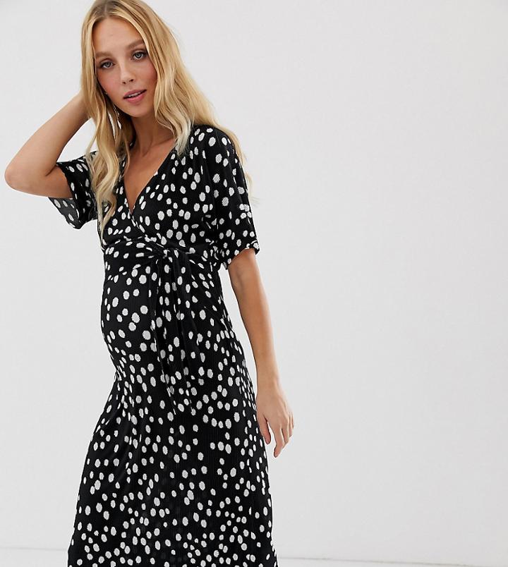 Asos Design Maternity Exclusive Midi Plisse Pencil Dress With Tie Waist In Polka Dot-multi