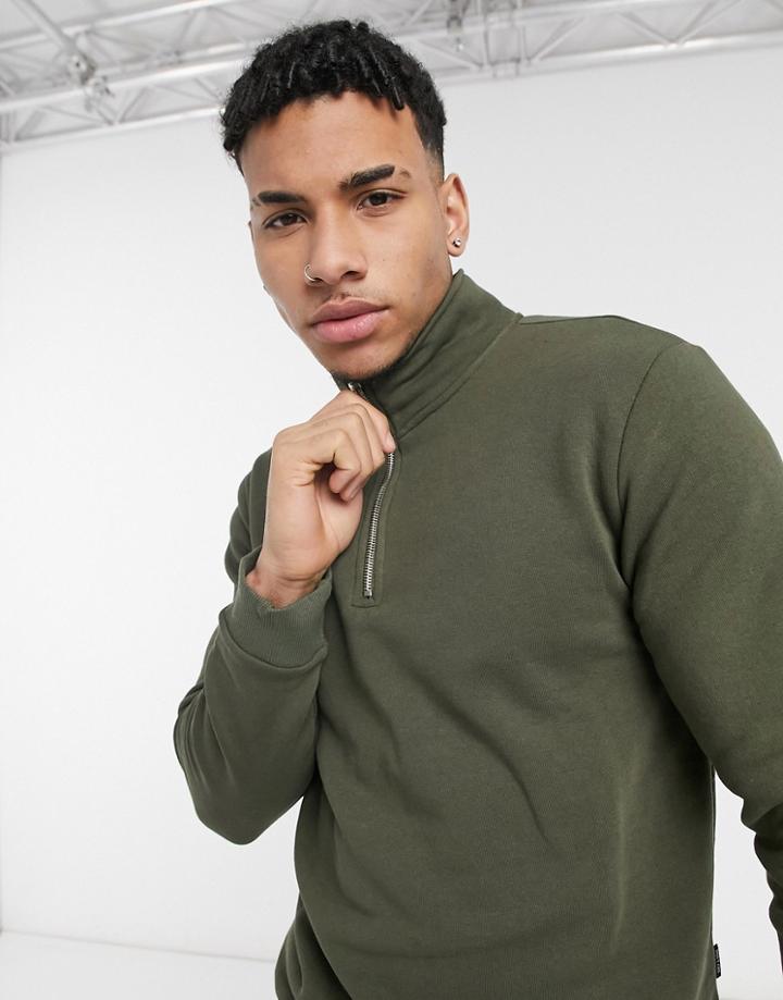 Only & Sons 1/4 Zip Sweatshirt In Khaki-green
