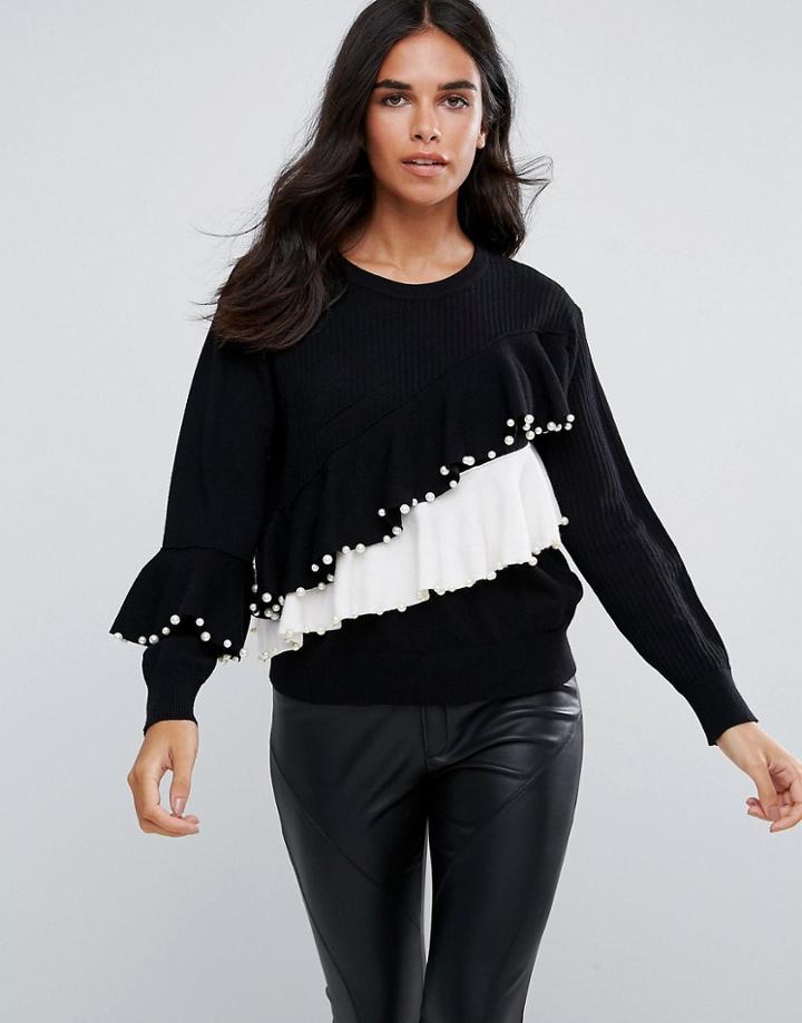 Amy Lynn Sweater With Monochrome Frill Detail - Black