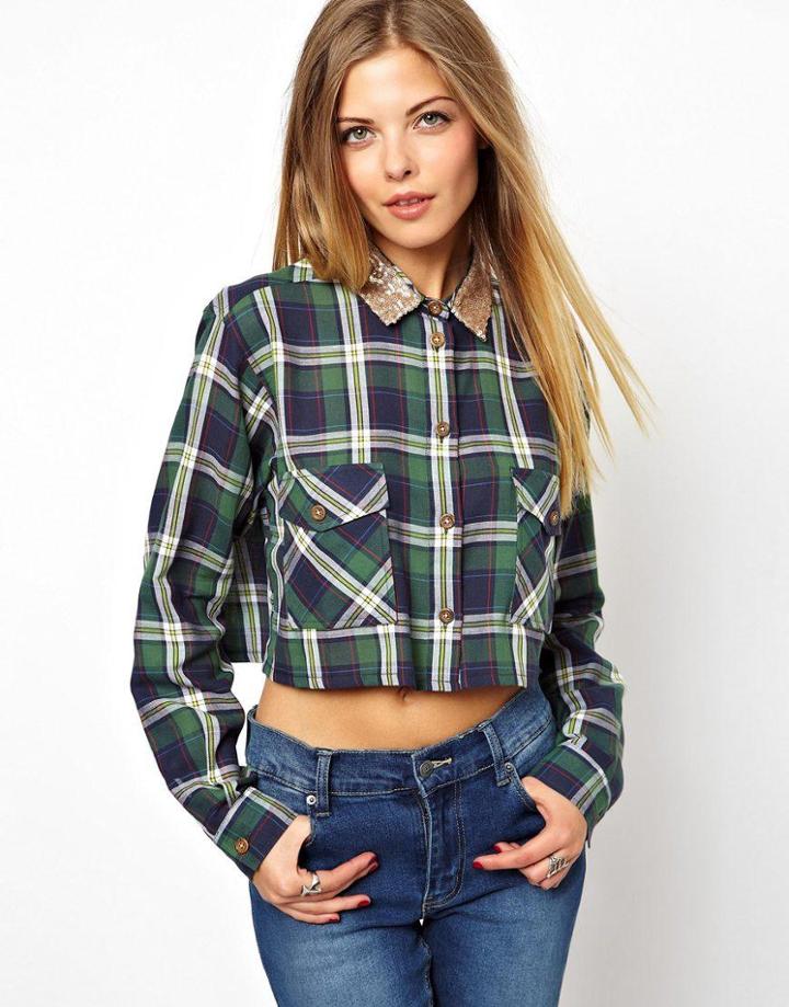 Asos Cropped Shirt With Sequin Collar In Check Print